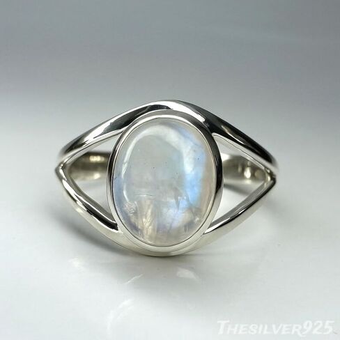 الصلبة 925 الفضة الاسترليني حقيقية البيضاوي قوس قزح Moonstone سبليت شانك الفرقة اليدوية بيان خاتم المرأة للهدايا in Kuwait