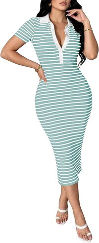 Ulovmi Women's Polo Collar Striped Midi Dress Ribbed Knit Bodycon Short Sleeve Dress Summer Slim Fit Dress-Lake Blue-L in Saudi Arabia
