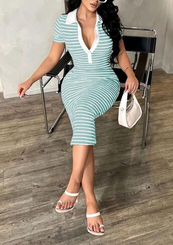 Ulovmi Women's Polo Collar Striped Midi Dress Ribbed Knit Bodycon Short Sleeve Dress Summer Slim Fit Dress-Lake Blue-L in Saudi Arabia