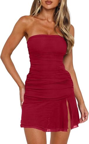 oten Women Sexy Tube Mini Dress Mesh Ruched Bodycon Ruffle Hem Party Club Night Out Dresses in Saudi Arabia