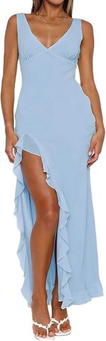 Women's Elegant Maxi Dress Sleeveless Crew Neck Ruched Elastic Waist High Side Slit Long Dresses in Saudi Arabia