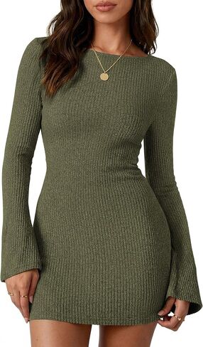 PRETTYGARDEN Womens Fall Bell Long Sleeve Mini Dress 2026 Casual Boat Neck Ribbed Bodycon Short Party Cocktail Dresses in Kuwait