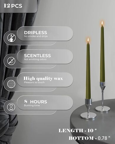 10 Inch Olive Taper Candles-Dripless Unscented Green Tapered Candle Smokeless Candlestick Long Slow Burning 8 Hours Tall Sticks for Christmas Wedding Dinner Parties 12 Pack in Kuwait