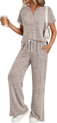 Trendy Queen 2 Piece Lounge Sets for Women Summer 2026 Henley Sweatsuit Travel Vacation Airport Outfits Pajamas Sets in Kuwait