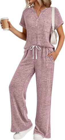 Trendy Queen 2 Piece Lounge Sets for Women Summer 2026 Henley Sweatsuit Travel Vacation Airport Outfits Pajamas Sets in Kuwait