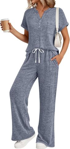 Trendy Queen 2 Piece Lounge Sets for Women Summer 2026 Henley Sweatsuit Travel Vacation Airport Outfits Pajamas Sets in Kuwait