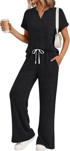 Trendy Queen 2 Piece Lounge Sets for Women Summer 2026 Henley Sweatsuit Travel Vacation Airport Outfits Pajamas Sets in Kuwait