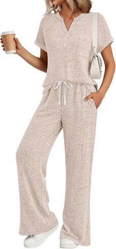 Trendy Queen 2 Piece Lounge Sets for Women Summer 2026 Henley Sweatsuit Travel Vacation Airport Outfits Pajamas Sets in Kuwait