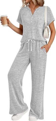 Trendy Queen 2 Piece Lounge Sets for Women Summer 2026 Henley Sweatsuit Travel Vacation Airport Outfits Pajamas Sets in Kuwait