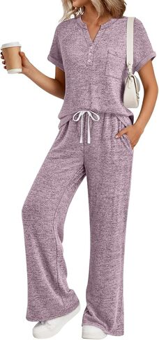Trendy Queen 2 Piece Lounge Sets for Women Summer 2026 Henley Sweatsuit Travel Vacation Airport Outfits Pajamas Sets in Kuwait