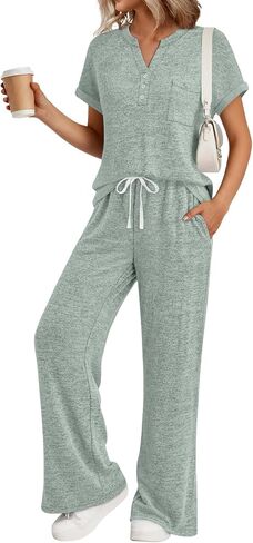 Trendy Queen 2 Piece Lounge Sets for Women Summer 2026 Henley Sweatsuit Travel Vacation Airport Outfits Pajamas Sets in Kuwait