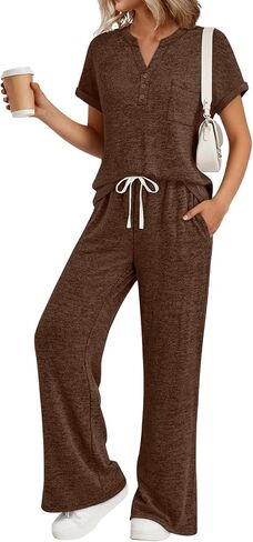 Trendy Queen 2 Piece Lounge Sets for Women Summer 2026 Henley Sweatsuit Travel Vacation Airport Outfits Pajamas Sets in Kuwait