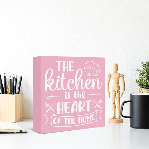 Pink Kitchen Decor the Kitchen Is the Heart of the Home Sign Cute Pink Cook Wooden Box Sign for Home Bakery Dessert Shop Shelf Wall Decor in Kuwait