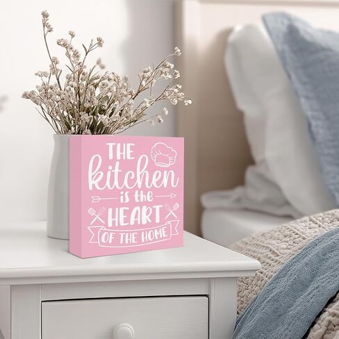 Pink Kitchen Decor the Kitchen Is the Heart of the Home Sign Cute Pink Cook Wooden Box Sign for Home Bakery Dessert Shop Shelf Wall Decor in Kuwait