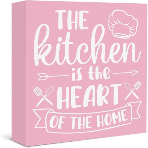 Pink Kitchen Decor the Kitchen Is the Heart of the Home Sign Cute Pink Cook Wooden Box Sign for Home Bakery Dessert Shop Shelf Wall Decor in Kuwait