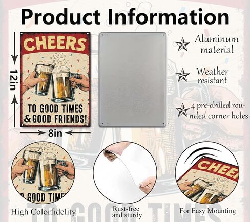 Vintage Beer Cheers Metal Sign Cheers To Good Times Good Friends Aluminum Sign Wall Decor for Bar Family Kitchen Cafe Pub Home Decoration 8x12 Inches in Saudi Arabia