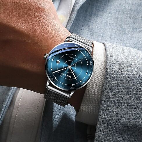 Mens Automatic Watch, Self Winding Watches for Men, Mechanical Stainless Steel 3 ATM Waterproof Luminous Luxury Business Dress Men's Wrist Watches with Calendar, Minimalist Watch Gifts for Men in Saudi Arabia