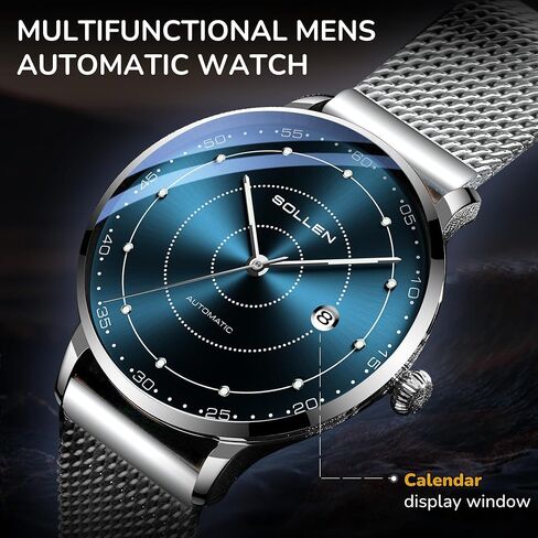 Mens Automatic Watch, Self Winding Watches for Men, Mechanical Stainless Steel 3 ATM Waterproof Luminous Luxury Business Dress Men's Wrist Watches with Calendar, Minimalist Watch Gifts for Men in Saudi Arabia