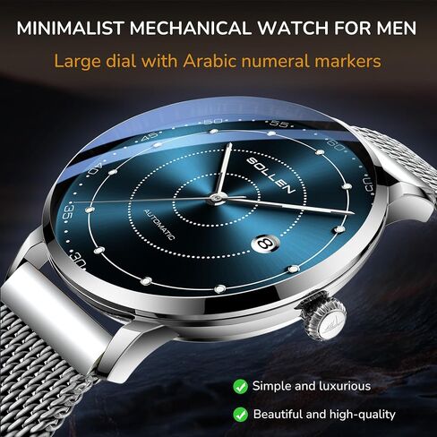 Mens Automatic Watch, Self Winding Watches for Men, Mechanical Stainless Steel 3 ATM Waterproof Luminous Luxury Business Dress Men's Wrist Watches with Calendar, Minimalist Watch Gifts for Men in Saudi Arabia