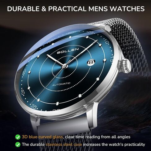 Mens Automatic Watch, Self Winding Watches for Men, Mechanical Stainless Steel 3 ATM Waterproof Luminous Luxury Business Dress Men's Wrist Watches with Calendar, Minimalist Watch Gifts for Men in Saudi Arabia