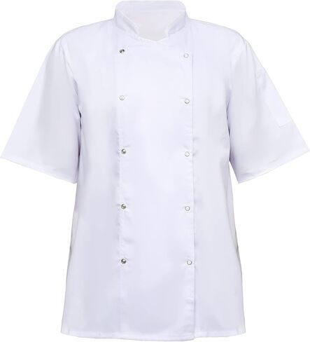 White Chef Coat, Short Sleeve, Double-Breasted, Snap Buttons, Mandarin Collar, Professional Kitchen Uniform in Kuwait