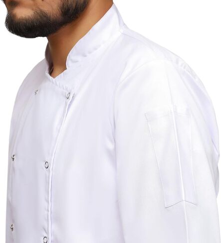 White Chef Coat, Short Sleeve, Double-Breasted, Snap Buttons, Mandarin Collar, Professional Kitchen Uniform in Kuwait