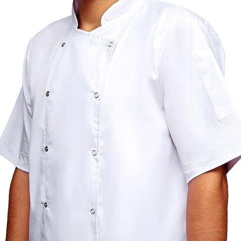 White Chef Coat, Short Sleeve, Double-Breasted, Snap Buttons, Mandarin Collar, Professional Kitchen Uniform in Kuwait