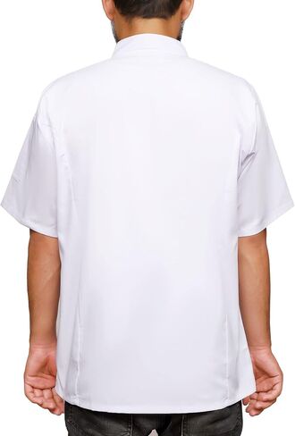 White Chef Coat, Short Sleeve, Double-Breasted, Snap Buttons, Mandarin Collar, Professional Kitchen Uniform in Kuwait