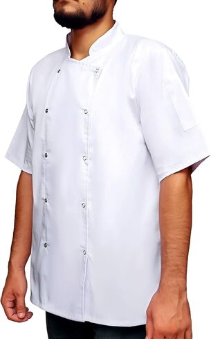 White Chef Coat, Short Sleeve, Double-Breasted, Snap Buttons, Mandarin Collar, Professional Kitchen Uniform in Kuwait