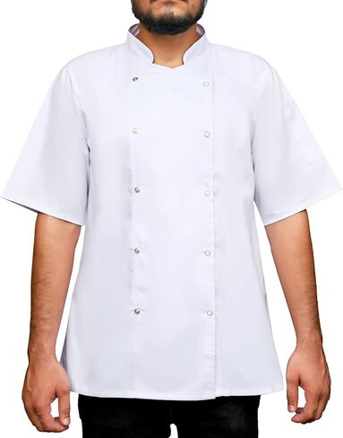 White Chef Coat, Short Sleeve, Double-Breasted, Snap Buttons, Mandarin Collar, Professional Kitchen Uniform in Kuwait