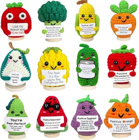 12PCS Emotional Support Crochet Pickle Vegetables Fruits Set, Positive Strawberry Fineapple, Positive Crochet Doll Office Desk Decor, Small Encouragement Birthday Gifts for Women Men Friends Coworker in Kuwait