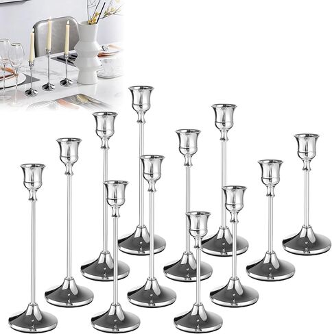 12Pcs Silver Candlestick Holders Set Silver Taper Candle Holders Aluminum Tall Candle Holder Decor Vintage Table Centerpiece for Christmas Holiday Wedding Dining Party Home Decoration in Saudi Arabia