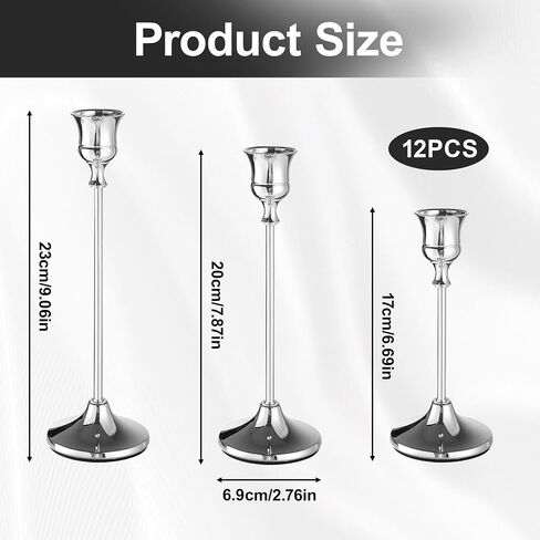 12Pcs Silver Candlestick Holders Set Silver Taper Candle Holders Aluminum Tall Candle Holder Decor Vintage Table Centerpiece for Christmas Holiday Wedding Dining Party Home Decoration in Saudi Arabia