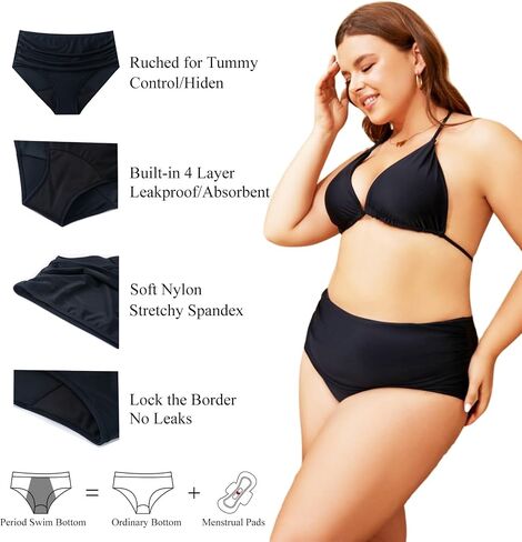 Period Swimwear Bottom for Women, Menstruation Leakproof Swimsuit Bottom, Ruched, Tummy Control, High-Waist in Saudi Arabia