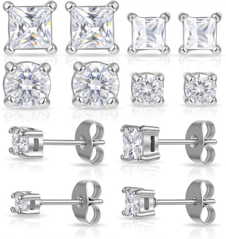 4 Pairs Square Earrings Set for Women, Small Stainless Steel Earrings Studs Stud Earring for Men and Women Cubic Zirconia Earring Set Square and Round, Silver in Saudi Arabia