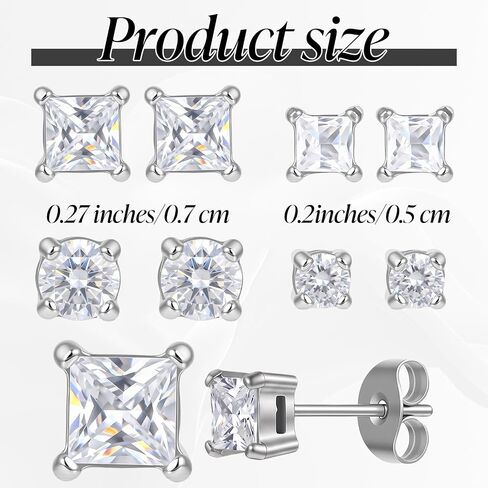 4 Pairs Square Earrings Set for Women, Small Stainless Steel Earrings Studs Stud Earring for Men and Women Cubic Zirconia Earring Set Square and Round, Silver in Saudi Arabia