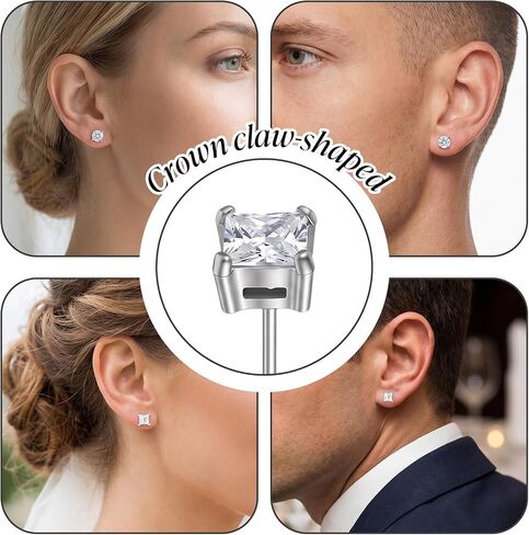 4 Pairs Square Earrings Set for Women, Small Stainless Steel Earrings Studs Stud Earring for Men and Women Cubic Zirconia Earring Set Square and Round, Silver in Saudi Arabia