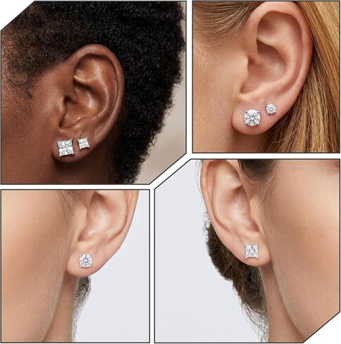 4 Pairs Square Earrings Set for Women, Small Stainless Steel Earrings Studs Stud Earring for Men and Women Cubic Zirconia Earring Set Square and Round, Silver in Saudi Arabia