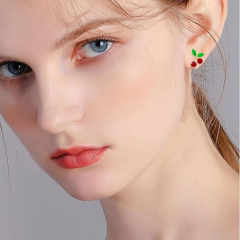 Red Cherry Stud Earrings for Women 3D Green Leaf CZ Crystal Ruby Cherries Earring Summer Fruit Jewelry Gifts in Kuwait