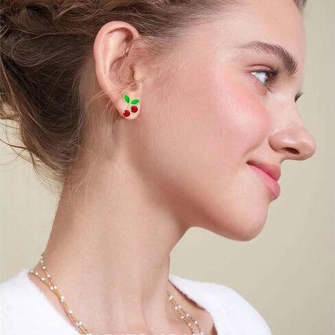 Red Cherry Stud Earrings for Women 3D Green Leaf CZ Crystal Ruby Cherries Earring Summer Fruit Jewelry Gifts in Kuwait