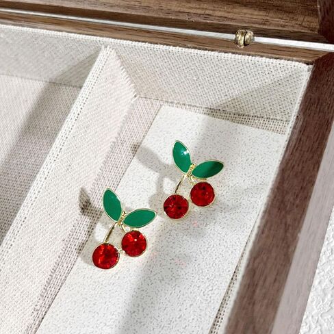 Red Cherry Stud Earrings for Women 3D Green Leaf CZ Crystal Ruby Cherries Earring Summer Fruit Jewelry Gifts in Kuwait