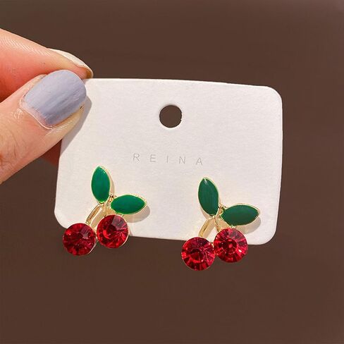 Red Cherry Stud Earrings for Women 3D Green Leaf CZ Crystal Ruby Cherries Earring Summer Fruit Jewelry Gifts in Kuwait