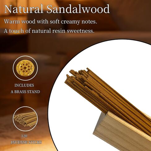 Sandalwood Incense Sticks - 120 Core-Free Low Smoke Incense with Brass Holder for Aromatherapy, Meditation, Yoga - Pet Friendly Eco-Friendly Gift Set - Pure Scent 45-60 Burn Time in Kuwait