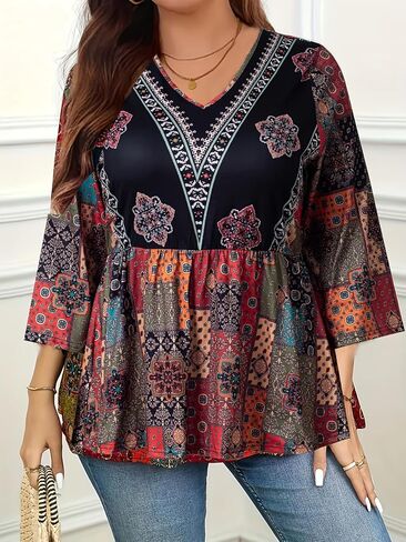 Womens V Neck 3/4 Sleeve Plus Size Tops Boho Graphic Print Shirts Casual Fall Flowy Blouses in Kuwait