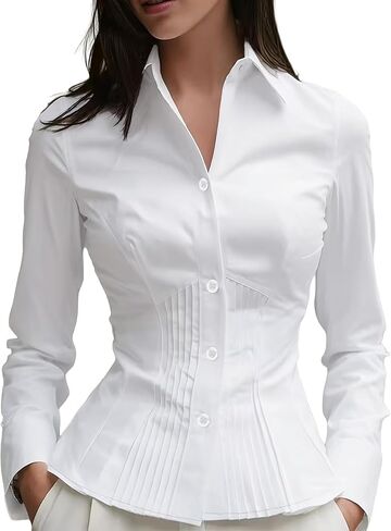 Women's Long Sleeve Button Down Shirt, Solid Cinched Waist Blouse Tops with Ruffle Details, Stylish Office & Casual Shirt in Saudi Arabia