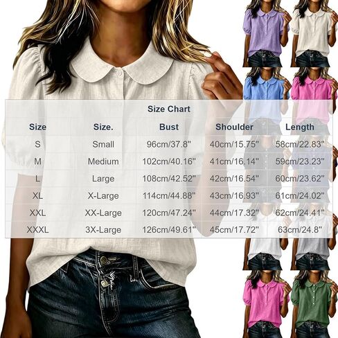 Women's Peter Pan Collar Shirts Linen Cotton Blouses Puff Short Sleeve Button Down Tops Summer Dressy Casual Tees in Kuwait