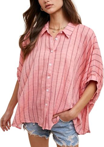 Womens Oversized Striped Button Down Shirts Woven Drop Shoulder Blouse Loose Half Sleeves Blouses in Saudi Arabia