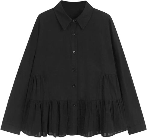 Women's Soft Solid Pleated Hem Lapell Shirt Oversized Fit Relaxed Cut Long Sleeve Blouse Daily Casual in Kuwait