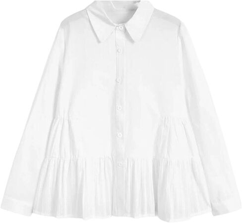 Women's Soft Solid Pleated Hem Lapell Shirt Oversized Fit Relaxed Cut Long Sleeve Blouse Daily Casual in Kuwait