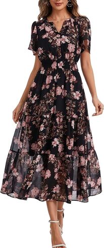 Kormei Womens Summer Casual Maxi Dresses Short Sleeve V Neck Elastic Waist Boho Beach A Line Long Flowy Dress Pockets in Saudi Arabia